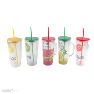 Hot sale double wall plastic straw water cup with handle