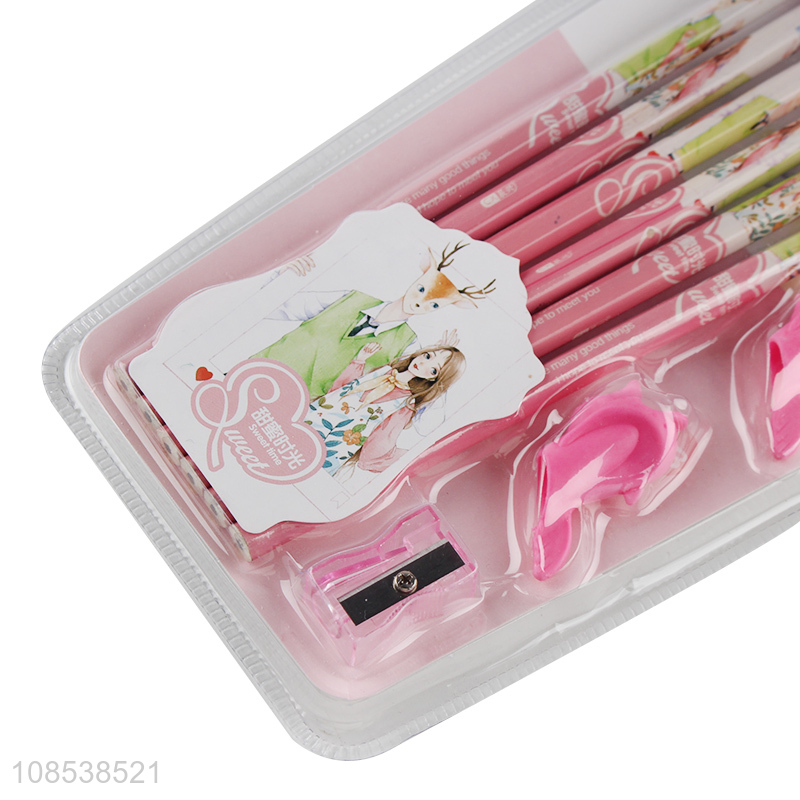 Hot selling kids students stationery wooden pencils and sharpener set