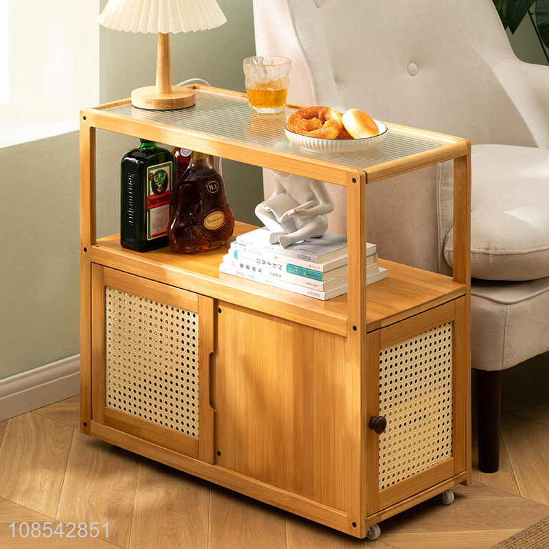 Wholesale bamboo material rolling end table side table with wheels