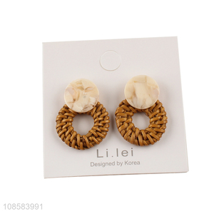 Top selling handmade rattan fringe earrings ear studs wholesale