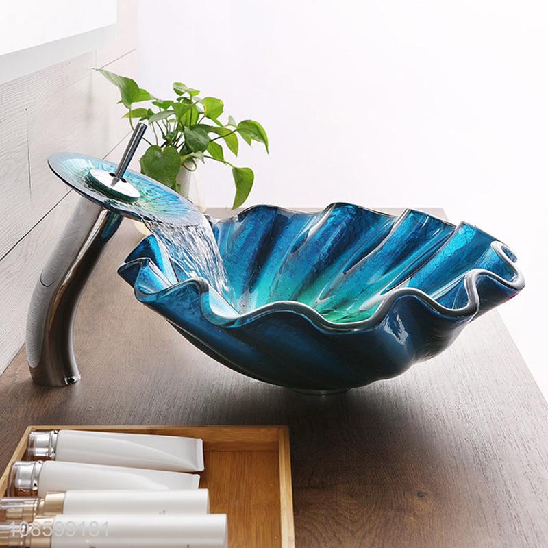 New product flower shaped glass wash basin artistic vessel sink set