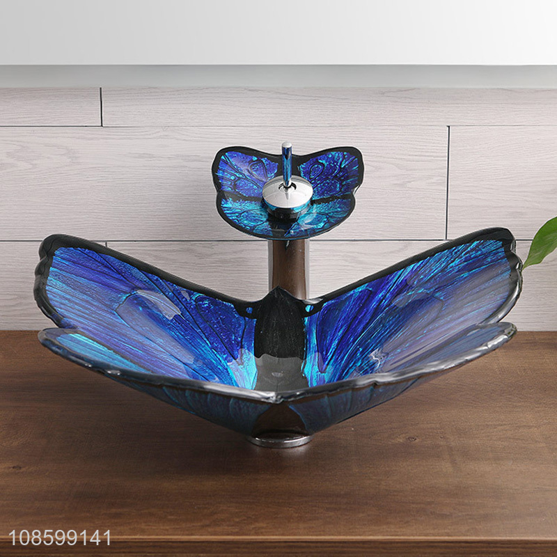 New product butterfly shaped glass wash basin bathroom sink set