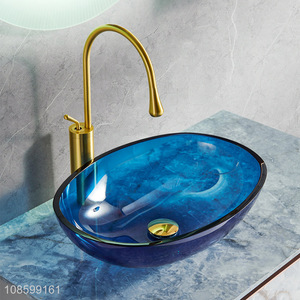 Hot sale oval glass vessel sink wash basin with faucet and drain