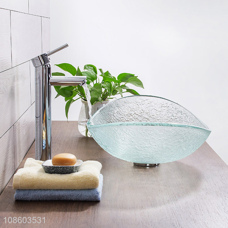 New arrival boat shaped glass sink and faucet set for hotel