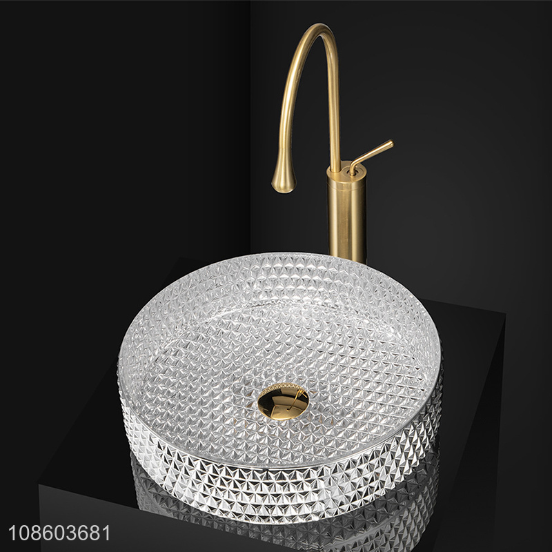 High quality luxury shiny tempered glass bathroom sink with faucet
