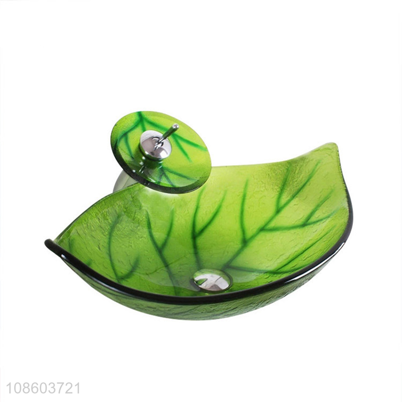 New product leaf shaped bathroom glass vanity sink and faucet set