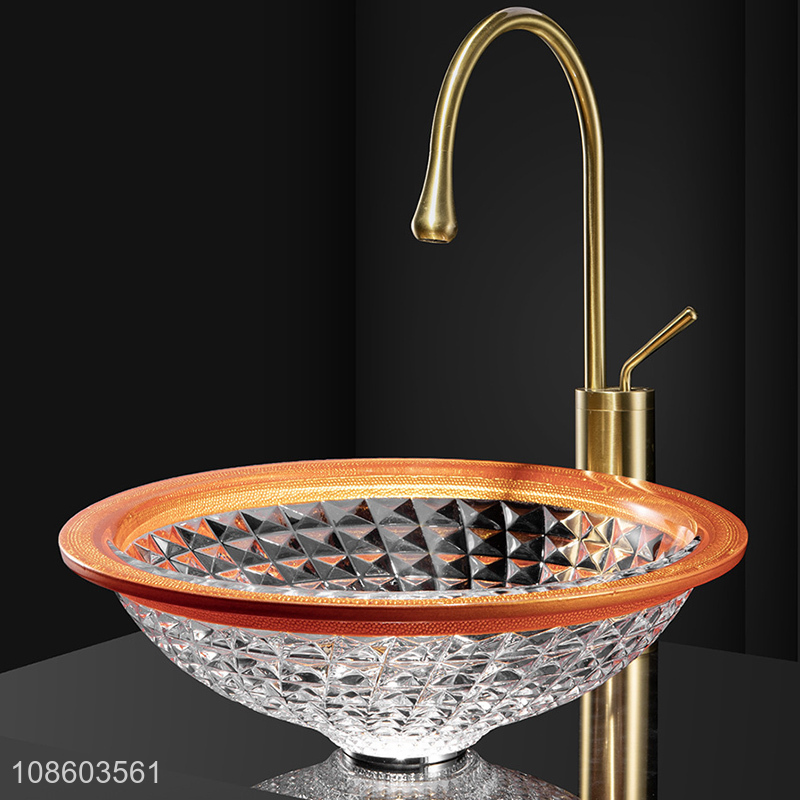 Factory supply glass bathroom vanity vessel sink with faucet