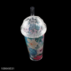 Wholesale double walls floral print plastic water cup with straw