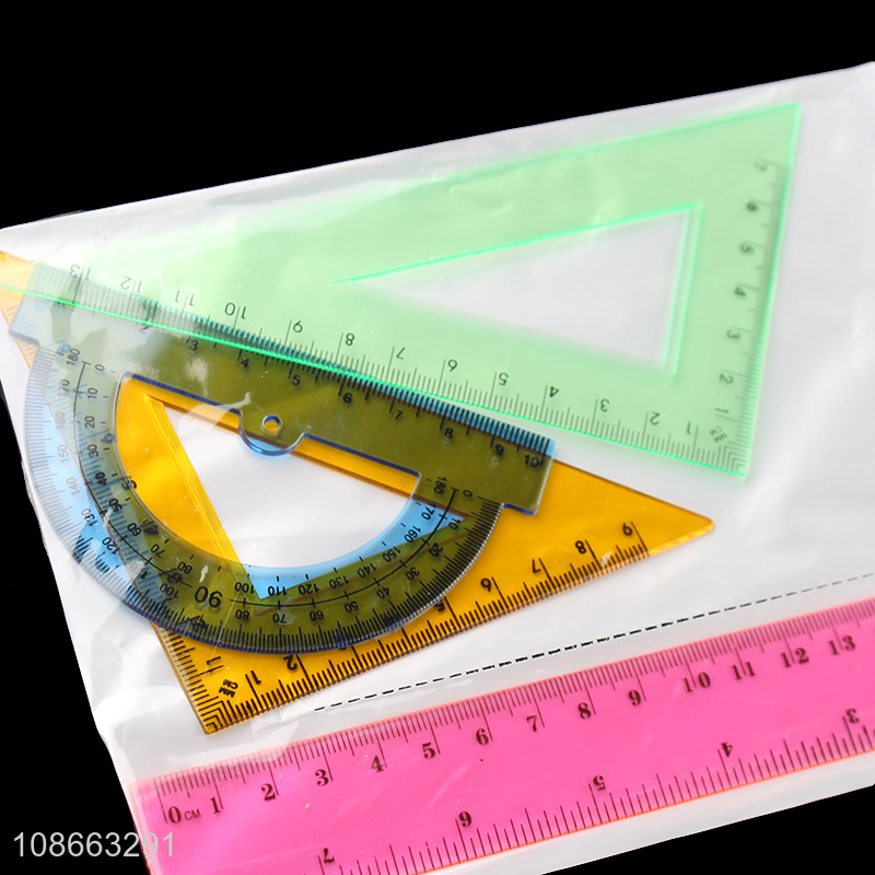 Hot selling 4pcs plastic ruler set with protractor maths geometry set