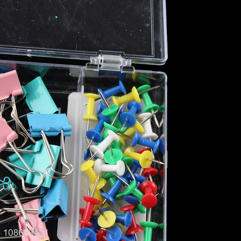 Wholesale office clips set with 50pcs paper clips, 40pcs push pins & 10pcs binder clips