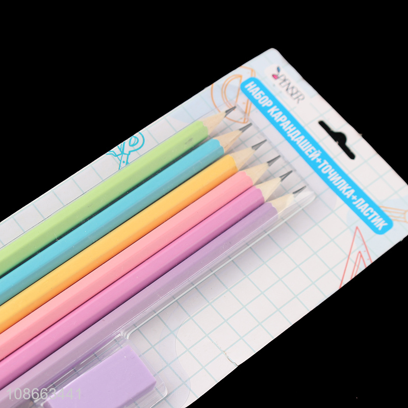 Wholesale kids stationery set with hb pencils, pencil sharpener and eraser
