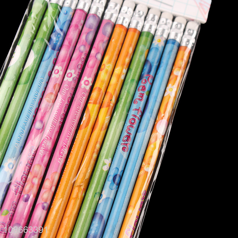 Hot selling 12pcs wooden pencils with erasers office school supplies