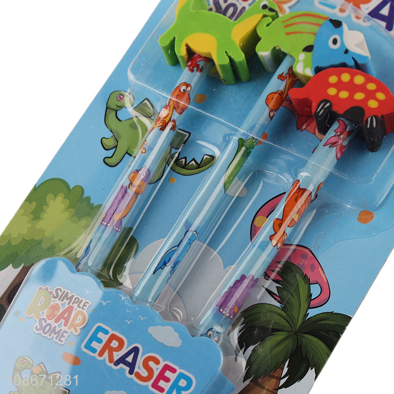 Wholesale 3pcs wooden pencil with cartoon dinosaur eraser for kids
