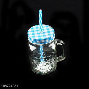 China factory portable glass water cup straw juice cup with handle