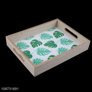 Wholesale rectangular leaf printed wooden serving tray with handles for restaurant