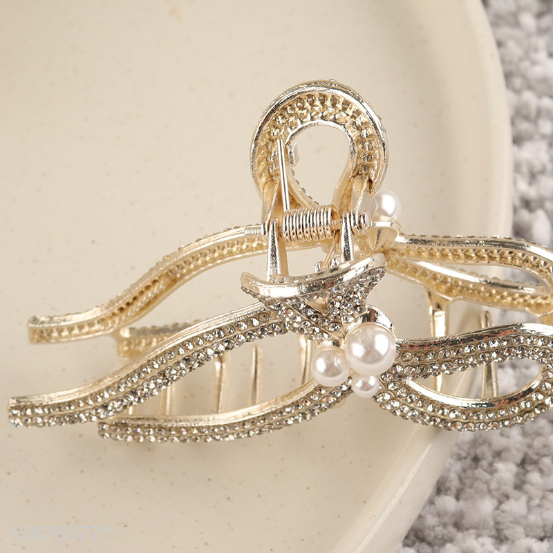 China import pearl rhinestone bow hair claw clip alloy hair jaw clip