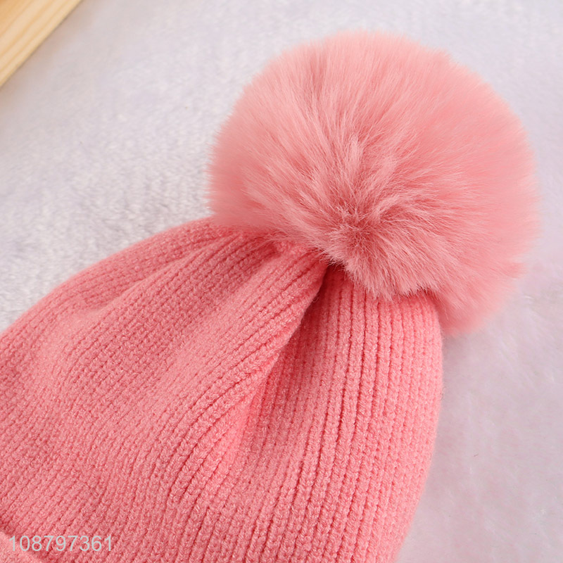 Good quality winter knitted cap pom pom beanie hat for women