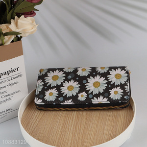 Hot selling daisy flower printed pu leather wallet for women