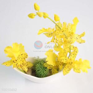 Wholesale Fancy Artificial Flower Bonsai Set of Yellow Dancing Lady Orchid