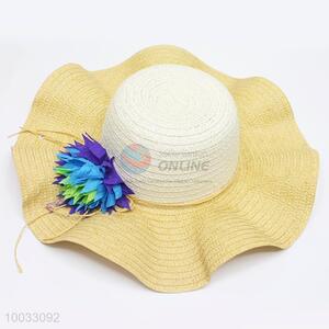 Big Wave Brim Woven Beach Hat With Flower