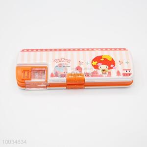 Orange double side open pencil case with pencil sharpener