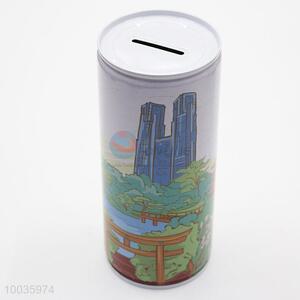 Kids Iron Money Box Shaped in cylinder with Modern Building Pattern