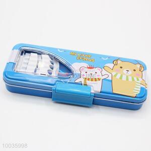 Blue 22*8*3.5CM Double Layers Iron Pencil Box with Cartoon Pattern and Plastic Lock