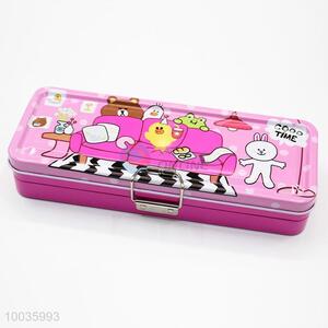 Pink 21*8*4CM Three Layers Iron Pencil Box with Cartoon Animals Pattern