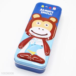 Blue 21*7.5*4CM Double Layers Iron Pencil Box with Cartoon Monkey Pattern