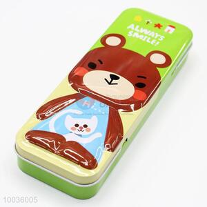 Green 21*7.5*4CM Double Layers Iron Pencil Box with Cartoon Bear Pattern