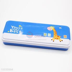 Blue&White 22*9*3CM Double Layers Iron Pencil Box with Cartoon Giraffe Pattern