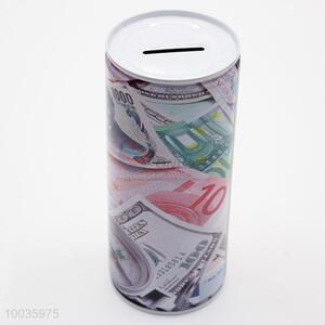 Kids Iron Money Box Shaped in cylinder with Dollar Bills Pattern