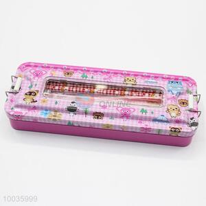 Pink 22*9*3.5CM Double Layers Iron Pencil Box with Colorful Cartoon Animals Pattern
