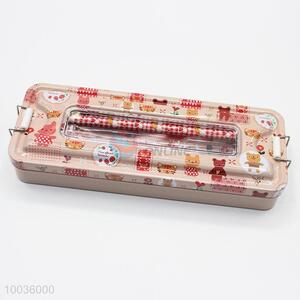 Khaki 22*9*3.5CM Double Layers Iron Pencil Box with Colorful Cartoon Animals Pattern