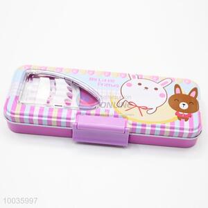 Rose Red 22*8*3.5CMM Double Layers Iron Pencil Box with Cartoon Pattern and Plastic Lock