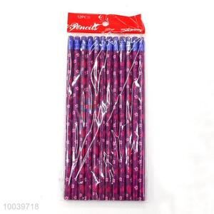 12pcs/set new purple heart pattern wooden pencil pen