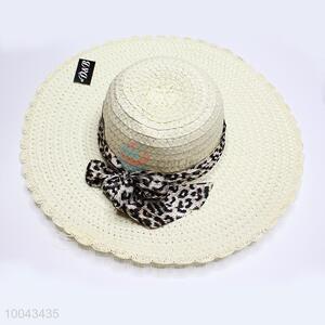 Lady big brim paper hat with leopard ribbon