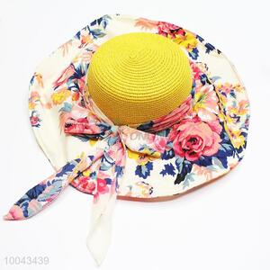 Yellow flower pattern big brim paper hat with ribbon