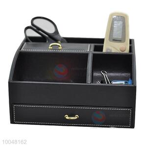 Multifunctional faux leather black desktop storage box with drawer