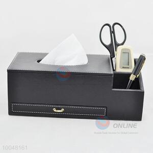 Multifunctional faux leather black tissue box with storage box