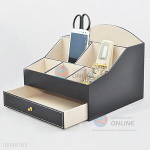 Top quality faux leather black desktop storage box with drawer