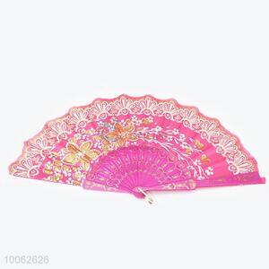 Rose Red Plastic&Dacron Chinese Style Hand Fan