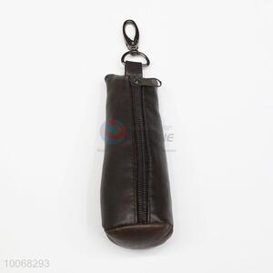 Brown faux sheepskin leather coin purse with D buckle