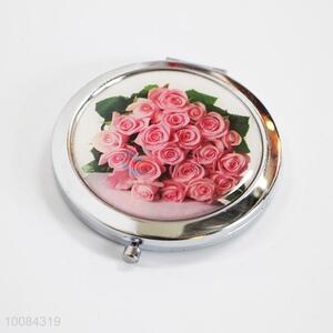 Pink Rose Round Foldable Pocket Epoxy Sticker Mirror/Makeup Mirror