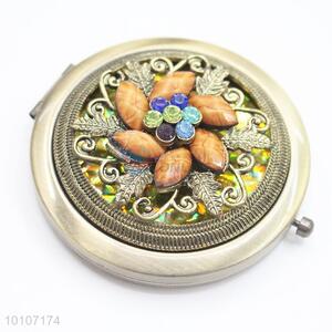 Flower Shape with Orange Rhinestone Pocket Cosmetic Mirror