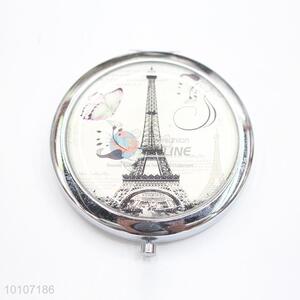 Tower and Butterfly Pattern Round Metal Pocket Makeup Mirror