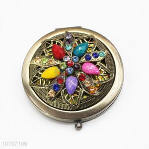 Flower Shape with Rhinestone Metal Pocket Makeup Mirror