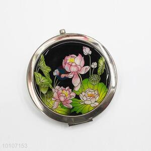 Lotus Pattern Round Pocket Cosmetic Mirror