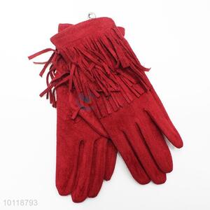 Fashion Women Simple Red Suede Gloves with Tassels