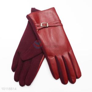 Women Wine Red Washable Leather Gloves with Simple Decoration